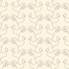 Linear rooster seamless pattern on beige background