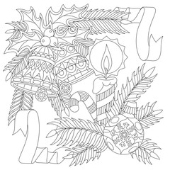 New Year decorations. Christmas ball, jingle bells, candle, candy stick, ribbons, holly berry leaves, fir branch. Freehand sketch for adult anti stress coloring book page with zentangle elements.