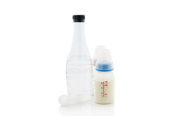 Baby milk in bottle and water for baby,on white background.