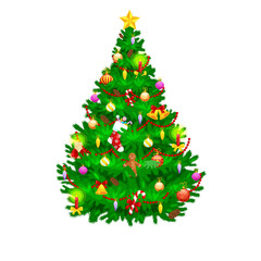 holiday christmas tree isolated decoration for celebrate xmass with ball gold bells candles stars lights candy and gingerbread men