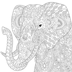Obraz premium Stylized elephant, isolated on white background. Freehand sketch for adult anti stress coloring book page with doodle and zentangle elements.