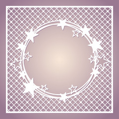 Openwork square frame with wreath of stars. Laser cutting templa
