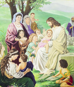 image of gospel story of Jesus with the children, original oil painting on canvas