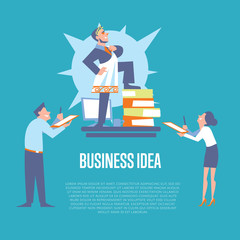 Big boss in roman toga and laurel wreath standing on office table before subordinate workers. Business idea banner, isolated vector illustration on blue background. Teamwork concept. Startup idea