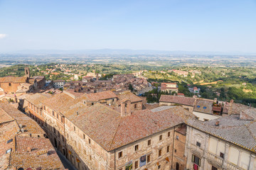 Montepulciano, Italy. Large Square:  in the center - Contucci Palace, on the right - the bell tower (XV c.) and the Cathedral of the Assumption the Virgin Mary, 1592 - 1630