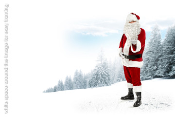 Santa claus on snow and landscape of winter forest. White space around the image for easy framing to website popular resolution.