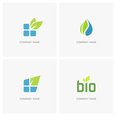 Eco and nature vector logo. Bricks or blocks with fresh leaves, water drop and green leaf balance, letters bio with sprout - ecology, spring, and environment icons.
