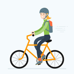 Vector illustration of a woman riding bicycle. Road trip