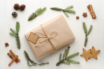 Christmas gift, thread, pine cone, pine needles and Ginger Cooki