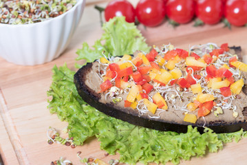Slice of dark (brown) rye bread with liver pate, radish sprouts and paprika on a wooden cutting board. Checkered towel/pad. Delicious breakfast full of vitamins. Healthy lifestyle.