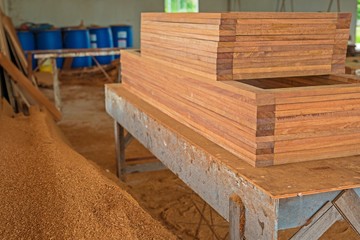 Wood plate, timber construction material stack on table for background and texture.
