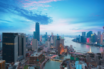 Aerial photography at Shanghai bund Skyline of dusk