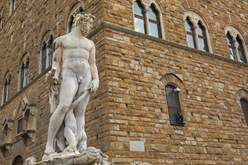 Closeup of Fountain of Neptune on the Signoria square, (Piazza della Signoria) in Florence, Italy. Sculptor was created by Bartolomeo Ammannati.