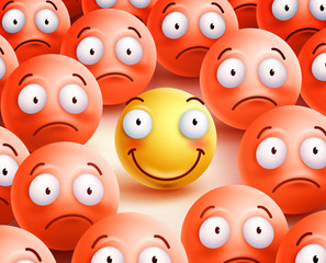 Smiley vector character the only  smile face showing happiness and positivity in the crowd of unhappy smileys. Vector illustration.

