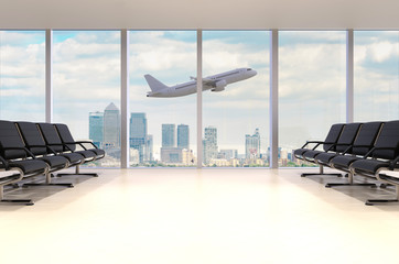 Flughafen Wartehalle mit Flugzeug und Skyline © Thomas Söllner