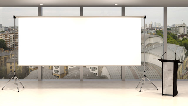 Pr&auml;sentation Leinwand mit Rednerpult