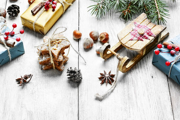 Santa's sleigh and gift. Christmas card