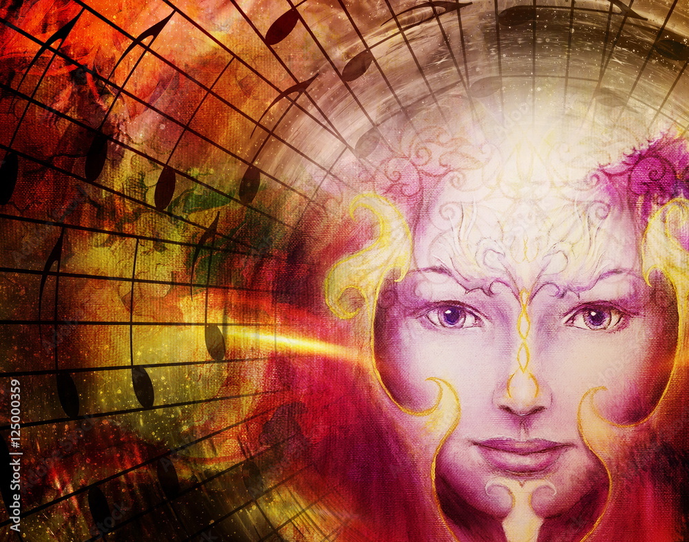 Poster beautiful face of mystical being with music notes, symbol of the muse of music with phoenix birds si