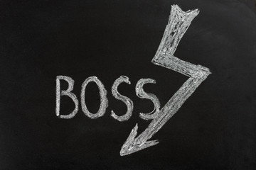 Hand drawn word Boss with drawn lightning in chalk on the blackboard. Angry, furious boss/ manager/ businessman. Blackboard. Hand drawing cartoon. Closeup.