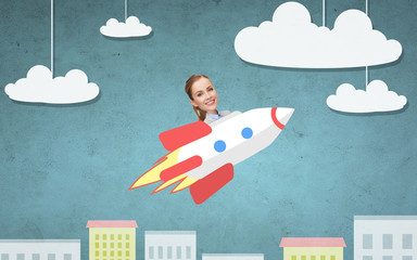 businesswoman flying on rocket above cartoon city