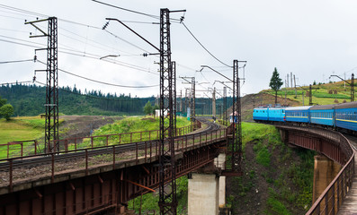 Train going across the bridge in the Carpathians