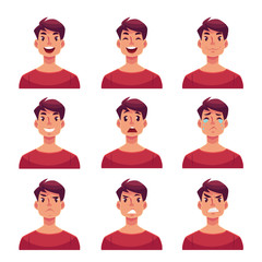 Young man face expression, set of cartoon vector illustrations isolated on white background. Handsome boy emoji face icons, human expressions, set of male avatars with different emotions