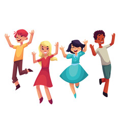 Four happy children, boys and girls, jumping in excitement, cartoon vector illustrations isolated on white background. Happy, cheerful cartoon style kids laughing and jumping from happiness
