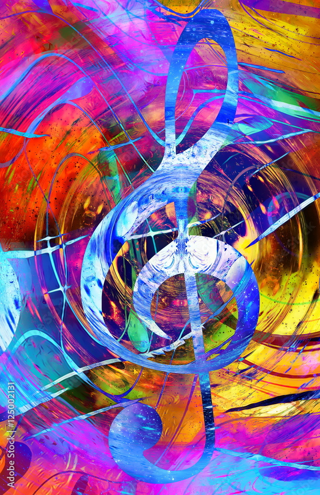 Poster music clef in space with stars. abstract color background. music concept.