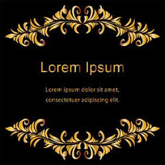 Vector Illustration. Template for Visiting Cards, Labels, Fliers, Banners, Badges, Posters, Stickers and Advertising Actions.  Beautiful Golden Floral Pattern on Black Background. Vintage Style.