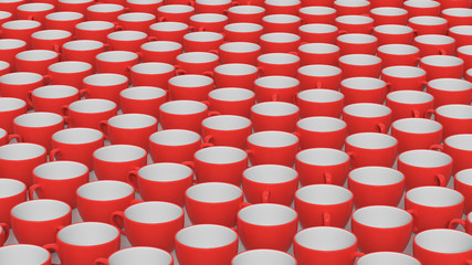 A Large Array of Red and White Ceramic Coffee Cups