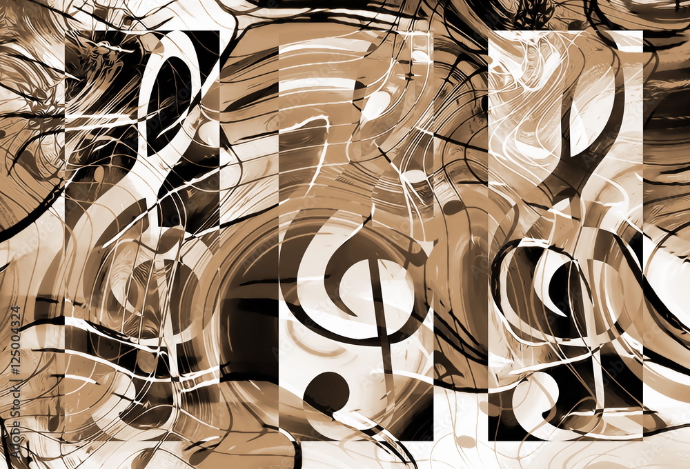 Poster abstract music theme background with clef and notes, sepia background.