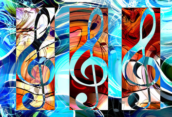 abstract set of music clefs and lines with notes, music theme graphic collage. - 125004300