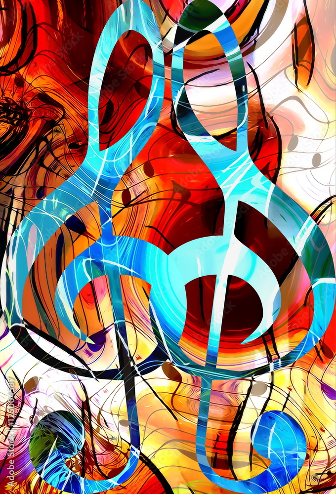 Poster abstract set of music clefs and lines with notes, music theme graphic collage.