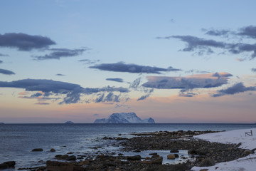 Stony shoreline on Ullsfjord near Russelv, Troms County, Norway