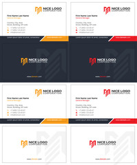 m and e letters business cards, dark blue, yellow and red colors