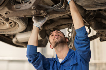 mechanic man or smith repairing car at workshop