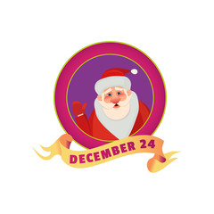 Happy Holiday greeting Poster with Santa Claus. Emblem of celebration. Idea for design of Christmas festive day decoration, invitation sticker or badge. Funny banner background. Vector illustration.