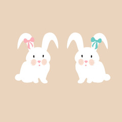 cute bunnies with pink and blue bow, illustration set for baby fashion