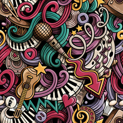 Cartoon hand drawn doodles Music seamless pattern