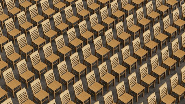 Large Isometric Array of Wooden Chairs Facing Forward