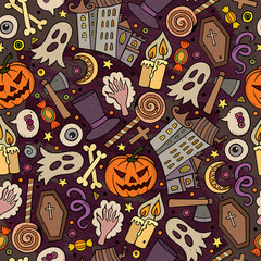 Fototapeta na wymiar Cartoon cute hand drawn Halloween seamless pattern