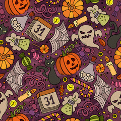 Cartoon cute hand drawn Halloween seamless pattern