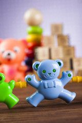 Children toys, Wooden background
