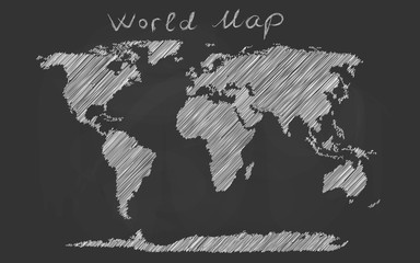 World map hand drawn chalk sketch on a blackboard