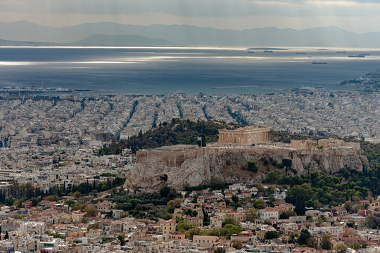Aerial view of Acropolis from mount Lycabettus in the Athens.