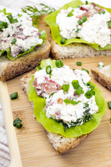 sandwiches with cottage cheese, chives and salad.