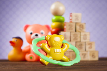 Children toys, Wooden background