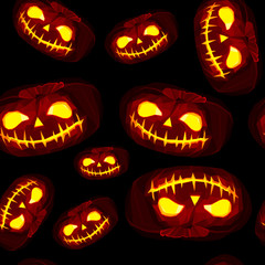 Low poly Halloween pumpkins with shined face. Seamless pattern