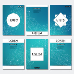 Set of business templates for brochure, flyer, cover magazine in A4 size. Structure molecule DNA and neurons. Geometric abstract background. Medicine, science, technology. Vector illustration.