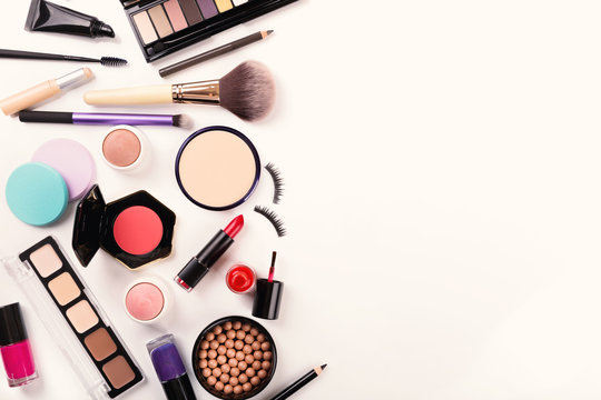 makeup tools and accessories with copy space